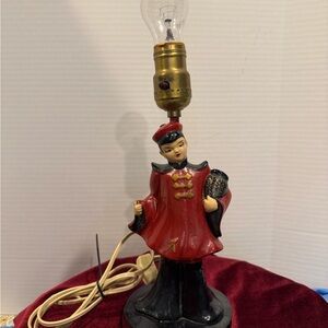 Vintage Chinese chalk ware Figurine Table Lamp with Red and Black Accents